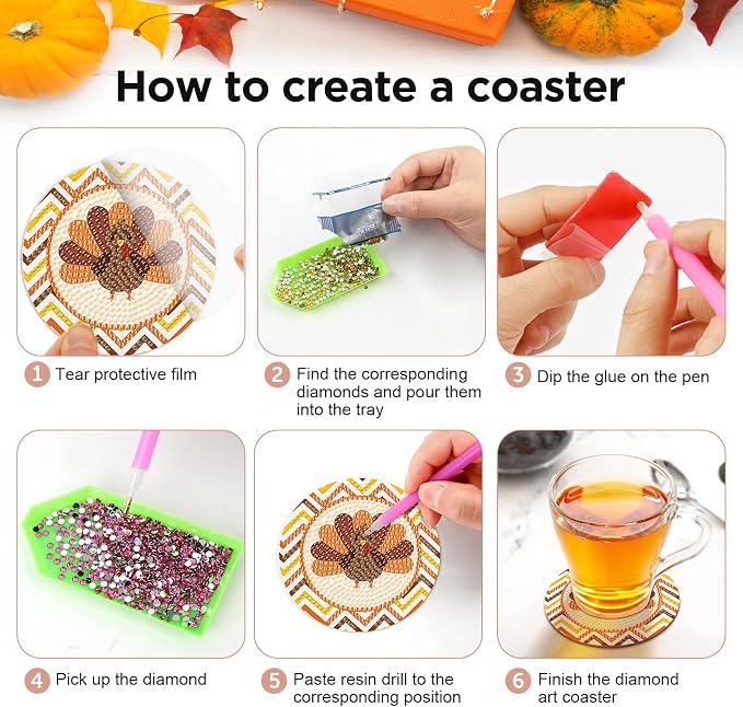 8 Pcs Thanksgiving Day Fall Diamond Coasters Kits - Image 3