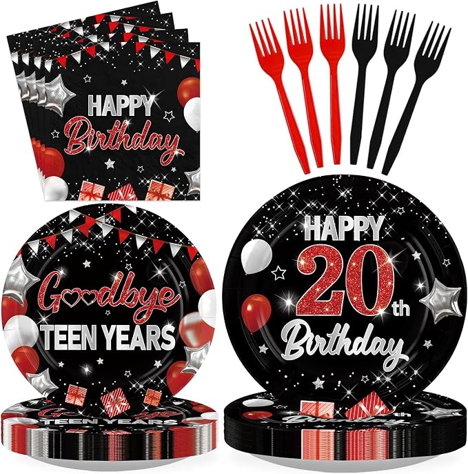 96Pcs 20th Birthday Party Decorations Red and Black Plates and Napkins Goodbye by Greencian