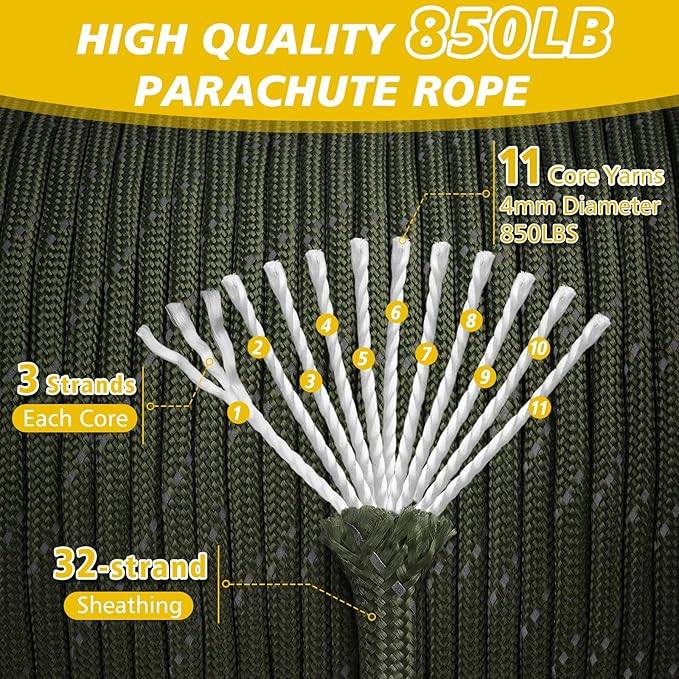 Reflective Paracord Rope 850Ib, 50/100/200/500/1000ft 4MM 11 Strand Parachute Cords, Tactical Paracord String for Camping, Fishing, Clothesline, Hammock, Tent, Bracelet, Army Green 100FT