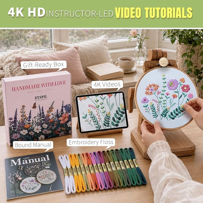 ETSPIL Embroidery Kit for Beginners, 11 Stitches, 4K Video | Pre-Printed Fabric - Image 2