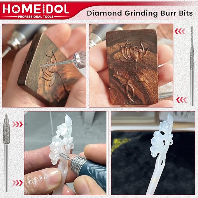 Stone Carving Set Diamond Burr Bits Compatible with Dremel, 11PCS Polishing Kits Rotary Tools Small Long Cone Accessories with 1/8’ Shank For Carving, Engraving, Grinding, Stone, Rocks, Jewelry, Glass