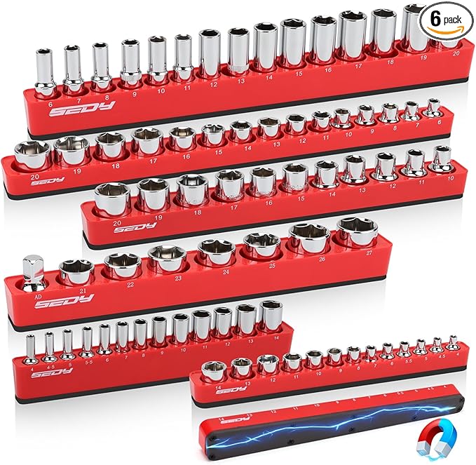 6-Piece 1/4" 3/8" 1/2"-Driver Metric Magnetic Socket Organizer Set (Holds 75 Sockets) - Detachable Tool Tray with 5mm Magnetic Base for Garage/Home(Sockets Not Included)