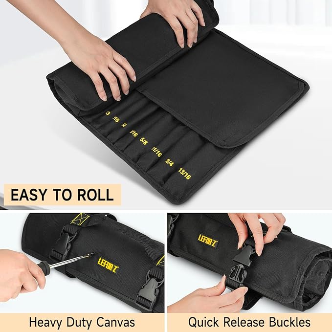 Wrench Roll Organizer (NOT for Ratcheting Wrench),Wrench Roll Up Pouch with 23+1 Pockets,Heavy Duty Tool Roll for Metric & SAE Wrenches,Large Wrench Holder Organizer Bag for Men,Mechanics(Black)