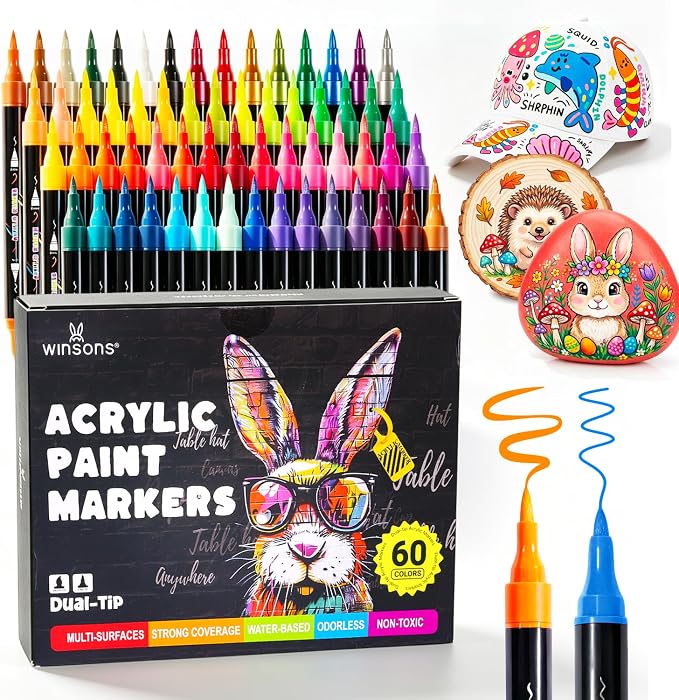 WINSONS Acrylic Markers, 60 Dual-Tip Paint Pens by WINSONS