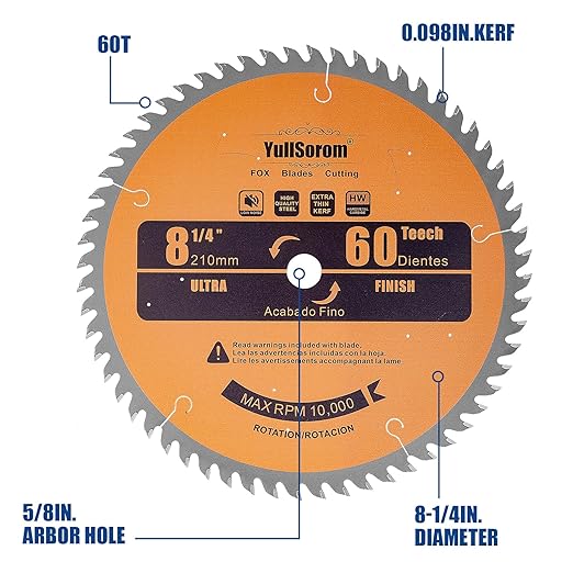 8-1/4-Inch Circular Saw Blade 60 Tooth Fine-Finish TCT Carbide-Tipped Table Saw Blade with 5/8" Arbor for Wood Cutting