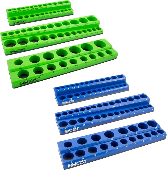 OEMTOOLS 22461 6 Pack Set Metric and SAE Magnetic Socket Tray Set, Green and Blue Socket Organizers, 1/4, 3/8, 1/2 Inch Drive Socket Organizer Tray Set