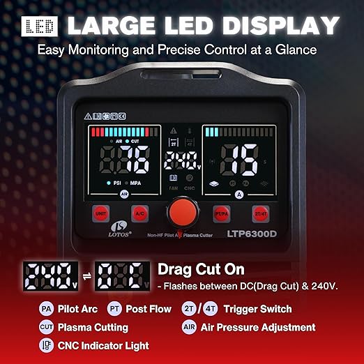LOTOS LTP6300DCNC 63AMP Non-Touch Pilot Arc CNC Enabled Plasma Cutter, Drag Cut Enabled, 3/4" 19mm Clean Cut, 1" 25mm Severance Cut, THC Torch Height Control Enabled, Non-HF Arc Start, 110V/220V