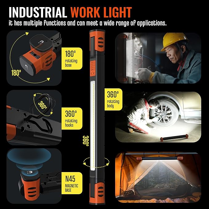 Magnetic Rechargeable Underhood Work Light for Mechanic, 7800mAh 12H, IP65 Waterproof, 360° Rotating, 4 Modes (2700K-6500K), USB-C Fast Charge, for Car Repairing/Garage/Emergency