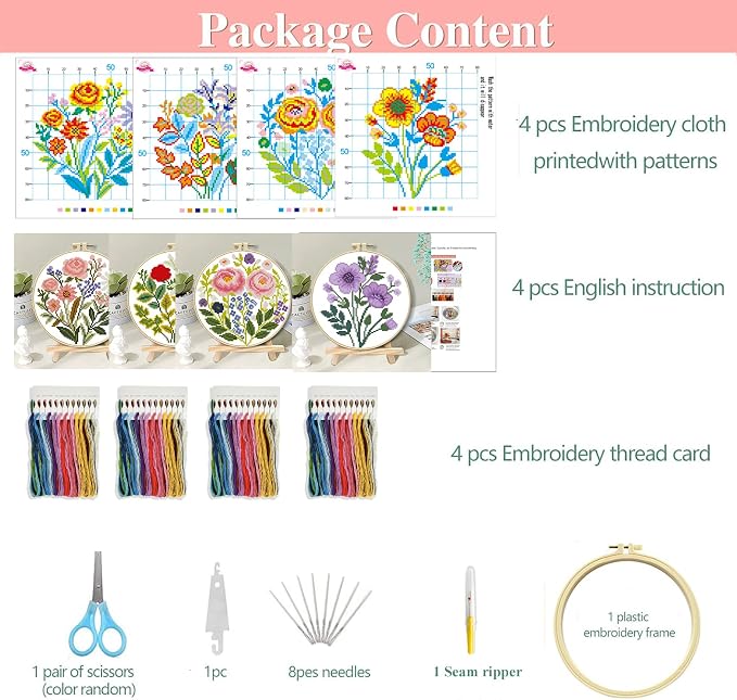 Zhenqing 4-Piece Floral Cross Stitch Kit - Image 4