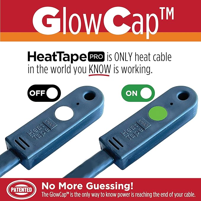 RADIANT SOLUTIONS HeatTapePro - Intelligent Commercial Grade Self-Regulating Heat Cable with GlowCap™ - 10 YR warranty - Ice Dam & Pipe Freeze Protection - 6 ft cable + 10 Ft Cord, 120V, 6 watts/Ft