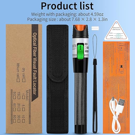 2PCS Rechargeable Visual Fault Locator 30KM Visual Fault Locator VFL Fiber Optic Tester Used for 2.5mm SC/FC/ST 1.25mm LC Interface with 2 Single Mode 9/125um FC-LC adapters Fiber Network Testing Pen