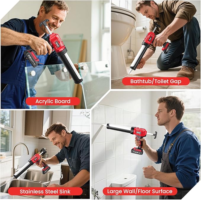 Electric Caulking Gun, Cordless Caulking Gun with 2x 2000mAh Batteries, 9Pcs Silicone Caulking Tools, 4 Adjustable Speeds, LED Light, 10OZ Battery Silicone Gun for Filling, Sealing (Red)