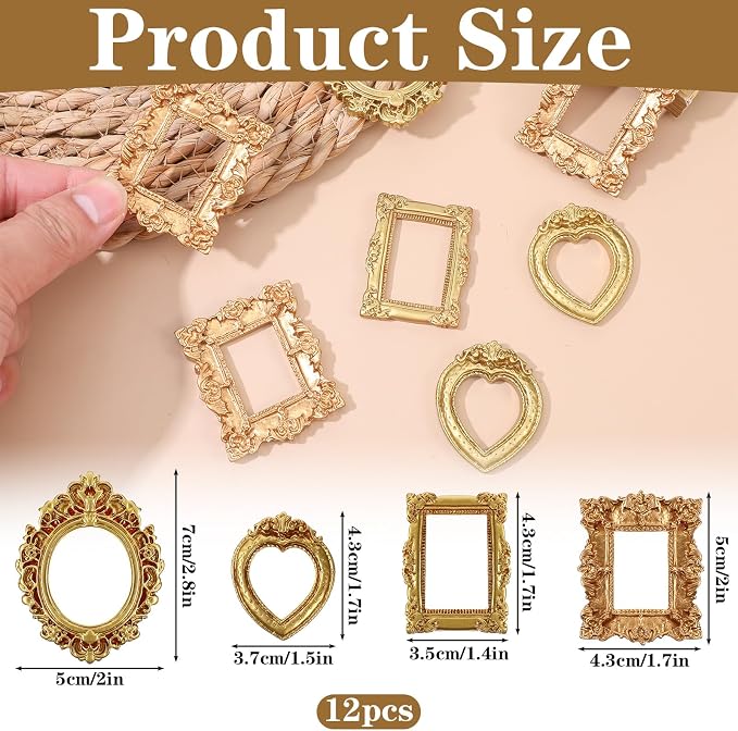 Miniature Dollhouse Mirror & Picture Frames Set 12 PCS Vintage Gold Resin Mini - Image 2