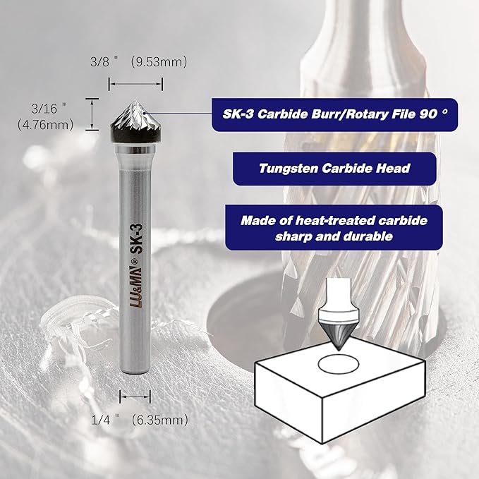 Tungsten Carbide Burr 90° Cone, SK-3, Double Cut, 3/8" x 3/16" Head, 1/4" Shank, Versatile Burr Bit, 4 pcs for Metalworking, Woodworking, Grinding, Shaping & Deburring by LU&MN