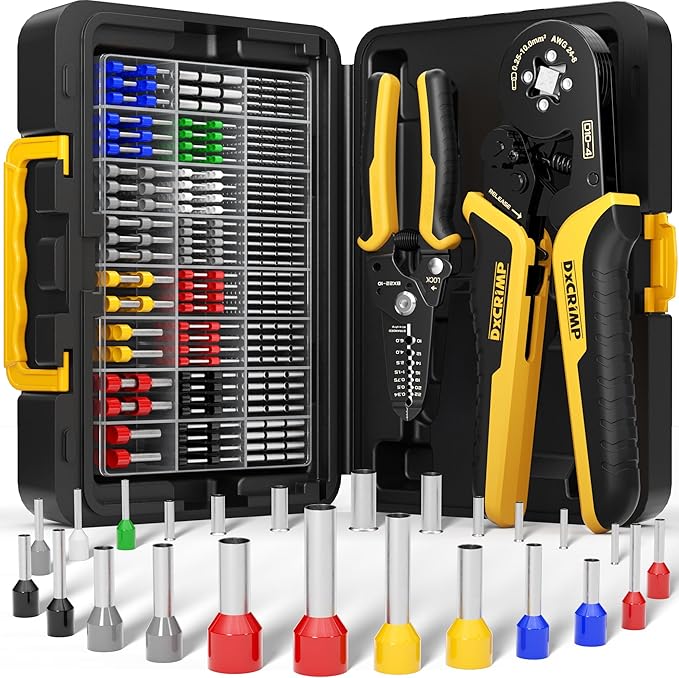 Ferrule Crimping Tool Kit, Ratchet Pliers for 24-8 AWG with 24 Types Insulated and Non-Insulated Ferrules, Ferrule Crimper, Wire Ferrules Kit, Crimping Pliers set with Wire Strippers