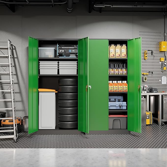 Pataku Metal Storage Cabinet, 71" Garage Cabinet with Doors and Shelves Lockable Steel Multifunctional Cabinets, File Cabinets for Home, Office, Warehouse(Dark Green)