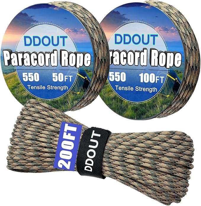 Paracord Nylon Rope Camo 200ft with 7-Strand Core, 10 Colors and 50/100/200 ft, Type III Parachute Cord 4mm for Camping, Survival, Hiking, DIY, Crafting, Outdoor Utility Rope