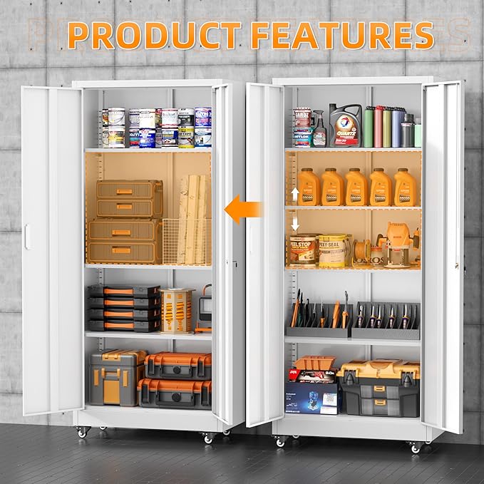 Pataku 73" Metal Storage Cabinet with Wheels, Garage Storage Cabinet with 4 Adjustable Shelves & Lockable Doors for Garage Home Office, Heavy Duty Tool Cabinets（White）
