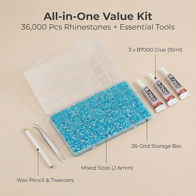 36000Pcs Turquoise Rhinestones for Bedazzling, Mixed Sizes 2-6mm Flatback Gems - Image 2