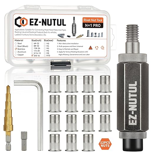Rivet Nut Installation Tool Set Flat Head Rivnut Threaded Insert Nut Kit SAE & Metric for Metal Heavy Duty Zinc Plated Nutsert (3/8-16(Rivet Nut Tool-12pcs, Stainless))