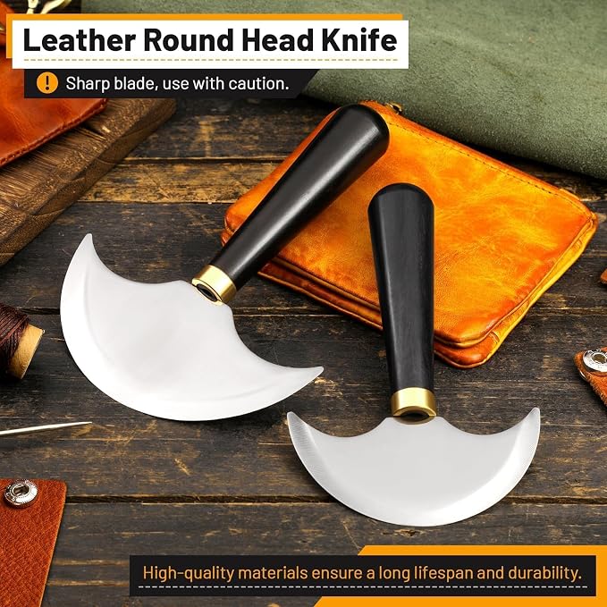 Round Leather Knife with Ebony Wooden Handle, Sharp Round Head Craft Skiving - Image 4