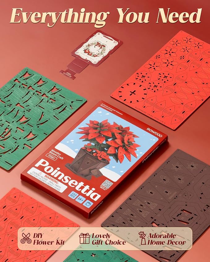 Rowood 3D Puzzles for Adults, Poinsettia Building Set Craft Kit, Artificial - Image 6