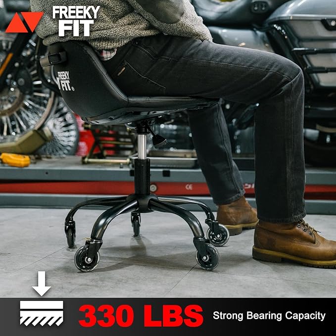 Rolling Stool with Wheels, Garage Shop Stool with Backrest, Roller Seat with Pneumatic Adjustable Height 16.93"-19.69", Heavy Duty Multi-Purpose Chair for Shop Salon Office Home, Black
