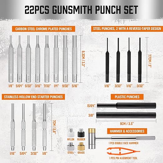 HORUSDY 22-Piece Durable Punch and Hammer Set, Steel Roll Pin Punch Set, Punch Tool Kit with Replaceable Face Hammer for Maintenance, with Organizer Storage Box