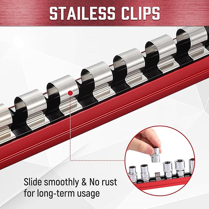 ALOANES 1/2-Inch Drive Magnetic Socket Organizer, Heavy Duty Aluminum Socket Rails, 11 Stainless Clips (Red)