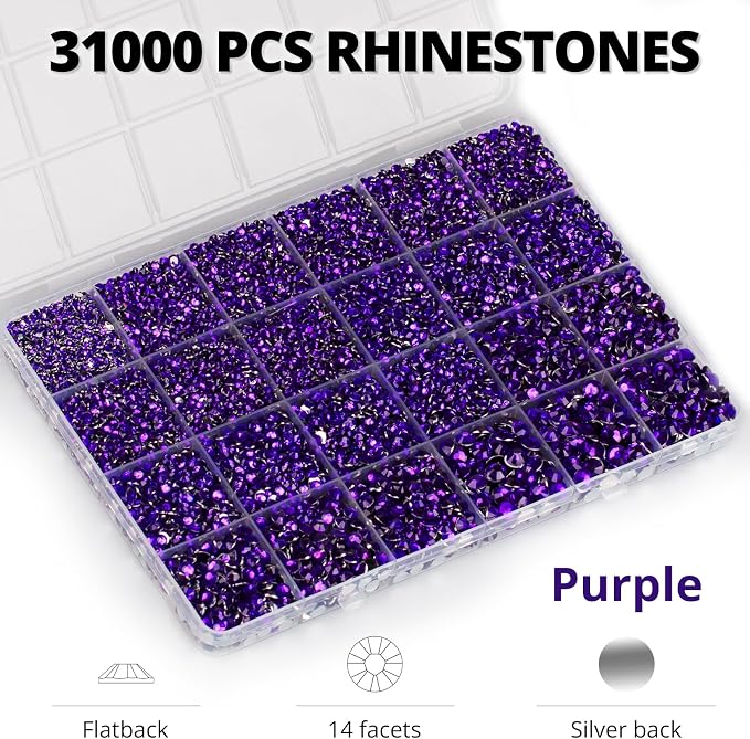 33000Pcs Purple Rhinestones for Bedazzling, Different Sizes 2, 6mm Flatback - Image 3