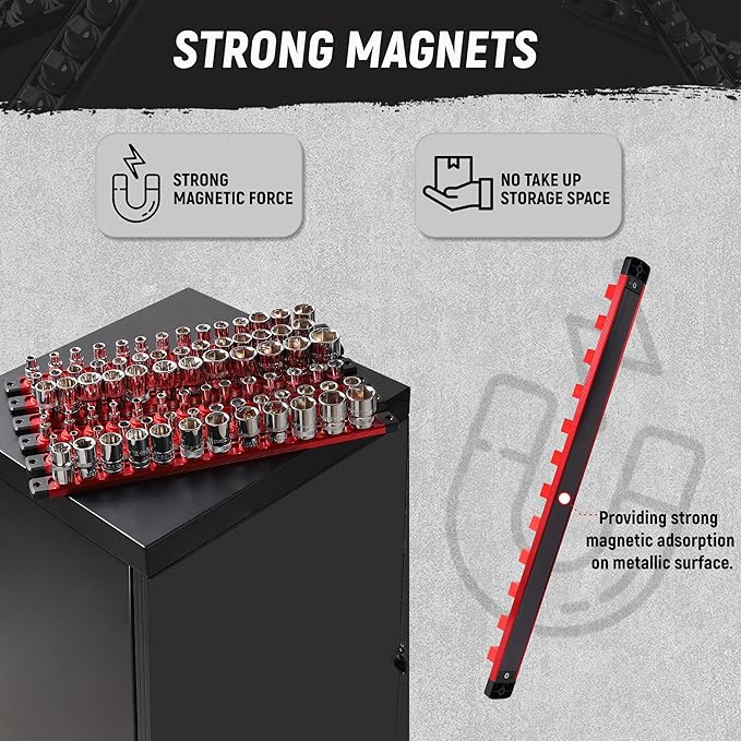 ALOANES Magnetic Socket Organizer, 1/4-Inch Drive Aluminum Socket Holder Socket Tray, Heavy Duty Socket Rail Organizer for Tool Box Drawer, 360°Swivel Clips Socket Rack 1/4-Inch x 14 Clips (Red)