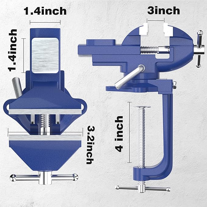 2-in-1 Bench Vise For Workbench 3.2"- Multi-functional Portable 360° Swivel Base Bench Clamp On Vice/Table Vise For Woodworking, Cutting Conduit, Drilling, Metalworking, Blue