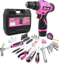 DOWELL 147 Pcs Pink Tool Kit with 12V Cordless Drill with 3/8" Keyless Chuck for Women, Home, Men, Built-in LED, Type-C Charge Cable