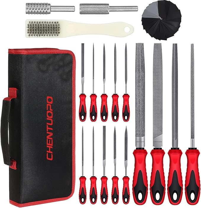 57Pcs Metal & Wood File Rasp Set,Grade T12 Forged Alloy Steel, Half-round/Round/Triangle/Flat 4pcs Large Tools, 14pcs Needle Files and a pair of Electric Files, a brush and 36pcs emery papers