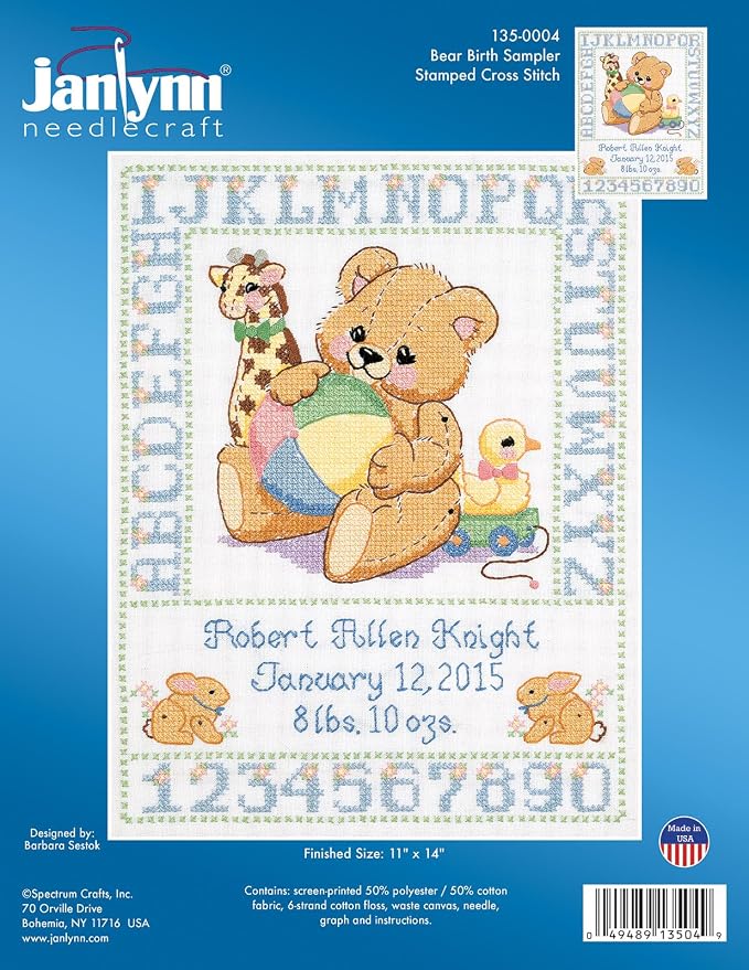Janlynn C5589 Bear Birth Sampler Stamped Cross Stitch Kit-11"X14" - Image 2