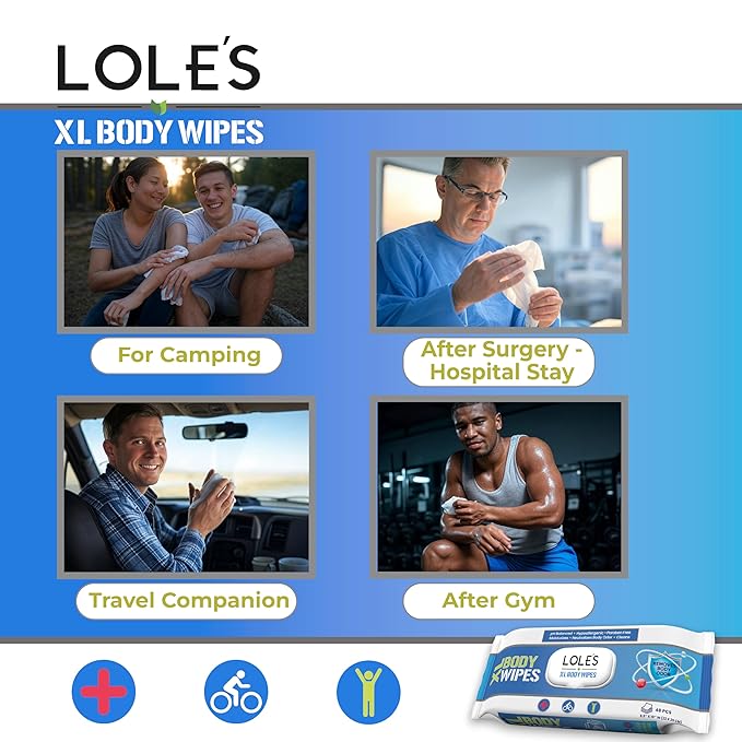 LOLE'S Body Wipes for Adults Bathing No Rinse XL – Bath Wipe for Adult - 96 Count - 2x48, Extra Large – Shower Wipes – Camping, Travel, Gym, Elderly Care, Women & Men – Fresh & Moisturizing