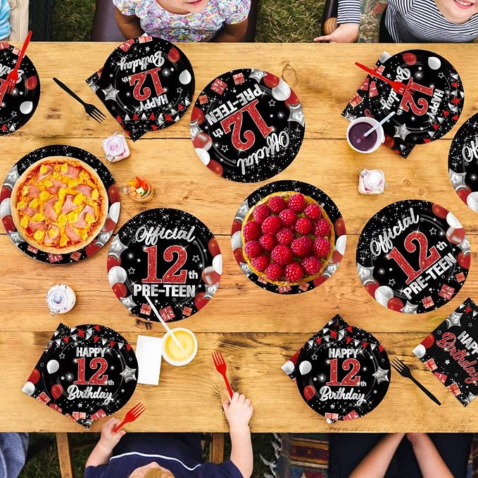 96Pcs Red and Black Party Decorations Happy 12th Birthday Plates and Napkins 12 - Image 8