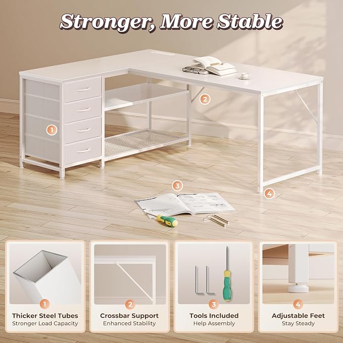 PRAISUN 53" L Shaped Desk with Power Outlets & USB-C Port, Reversible Computer - Image 8