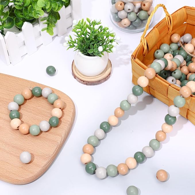 Whaline 240 Pcs Sage Green Beige Wood Beads Natural Color Round Loose Beads - Image 4
