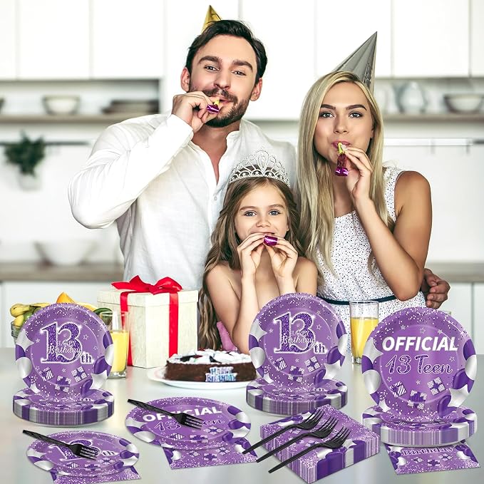 Qyeahkj 100 Pcs Purple Official Teen Birthday Decor 13th Birthday Plates - Image 7
