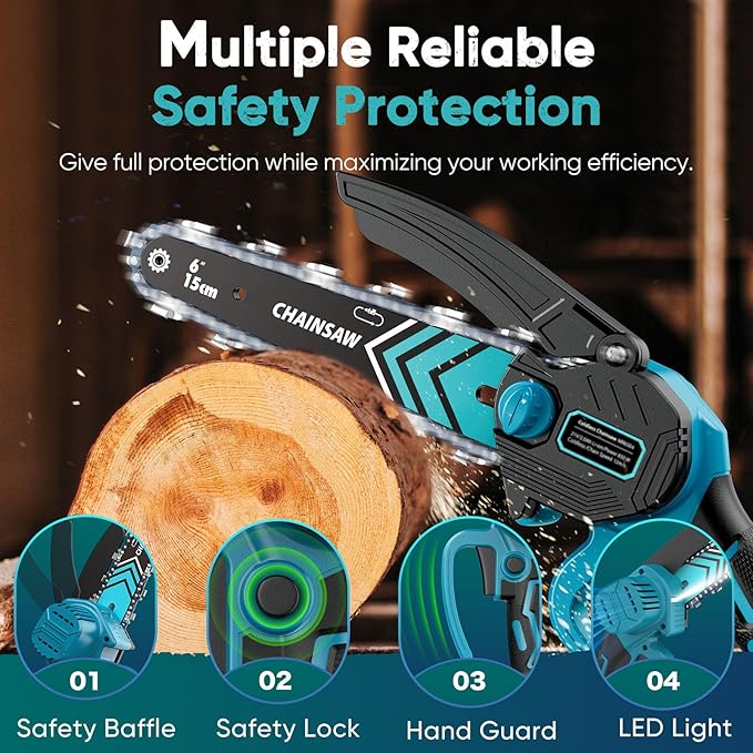 Mini Chain saw, 6-Inch Chain Saw, 2 Pack 2000mAh Batteries, 【Seniors Friendly】Portable Handheld Chainsaw, Mini Chainsaw Cordless for Wood Cutting Tree Trimming DIY Projects Gardening Camping
