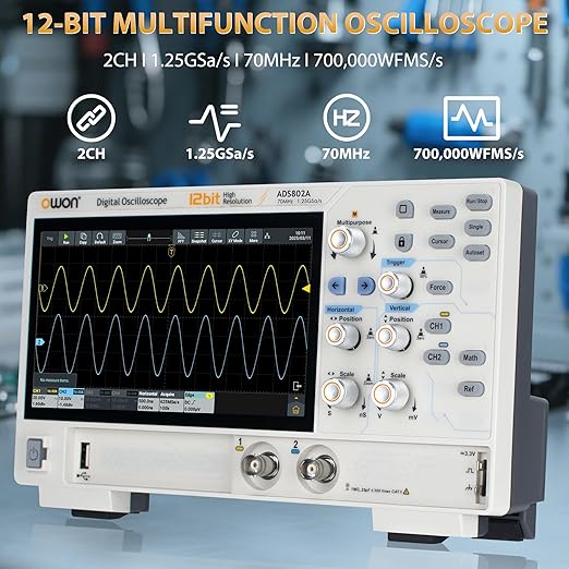 OWON Digital Oscilloscope ADS802A 70 MHz with Dual Channel 12 Bits Vertical Resolution Lab Oscilloscope with 1.25GSa/s Sample Rate 700,000 Wfms/s Waveform Capture Rate with 7 inch Display(70MHz/2CH)