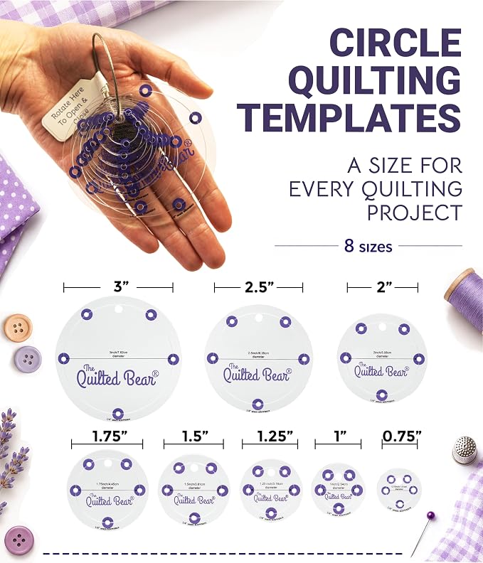 The Quilted Bear Circle Quilting Templates – 8 Clear Non-Slip Acrylic Quilt - Image 2
