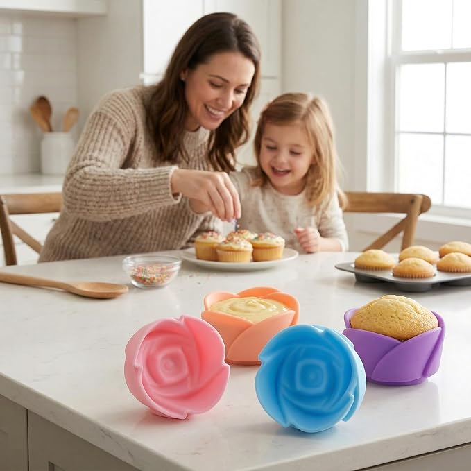 Mini Silicone Muffin Cups, 24 Pack Reusable Cupcake Molds, Rose | Nonstick 2 - Image 9