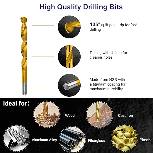 230 Pieces Titanium Twist Drill Bit Set, 135° Tip High Speed Steel, Size from 3/64" up to 1/2", Ideal Drilling in Wood/Cast Iron/Aluminum Alloy/Plastic/Fiberglass, with Hard Storage