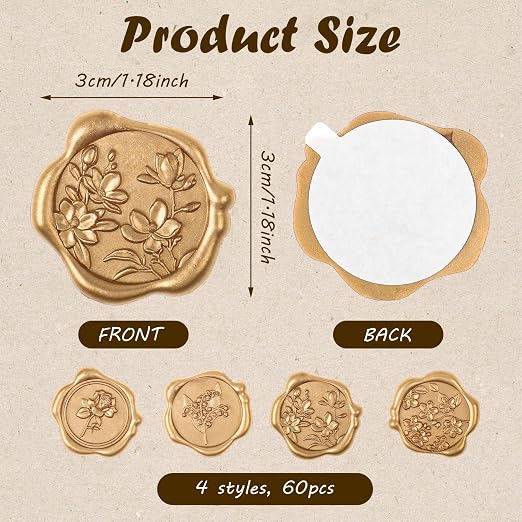 WSICSE Wax Seal Stickers, 60 Pack, Light Gold, 4 Styles | Self-Adhesive - Image 2