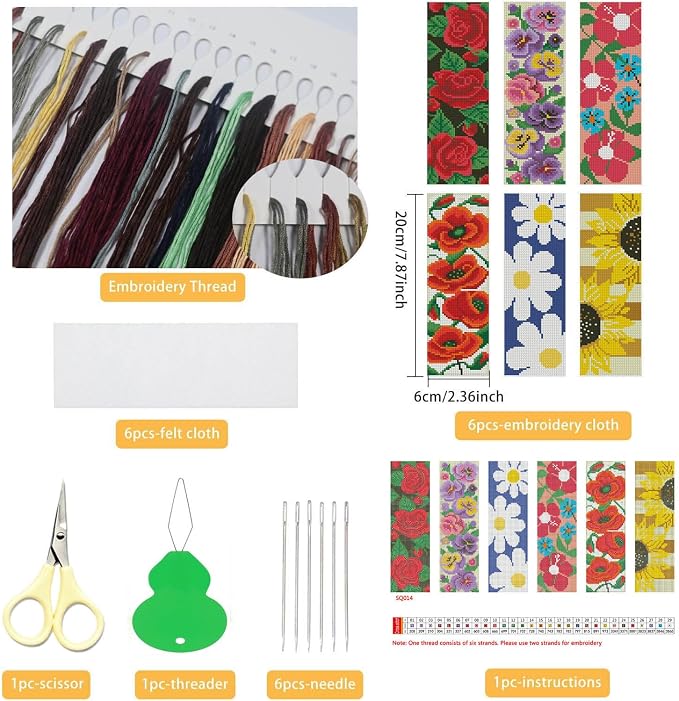 NEGEKFKX 6 Pcs Flower Cross Stitch Bookmark Kit - Image 2