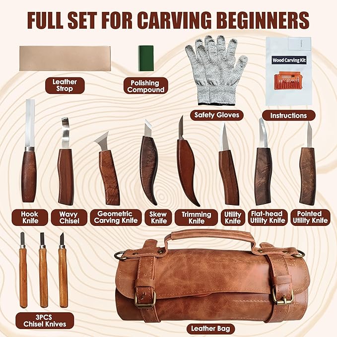 ZGROCK Wood Carving Kit Deluxe Whittling Knife Set 15PCS Wooden Carving Tools with Large PU Leather Case for Beginner Carpenter Experts