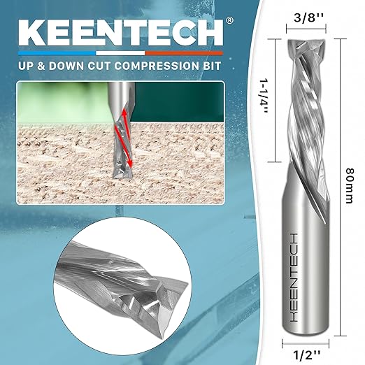 KEENTECH 1/2" Shank 2 Flute Flat Tip Compression Sprial Router Bit for CNC Router Machine, 3/8" Cutting Diameter, 1-1/4" Cutting Depth, for Wood Cutting, Custom Furniture, Slot Mortise, Engraving