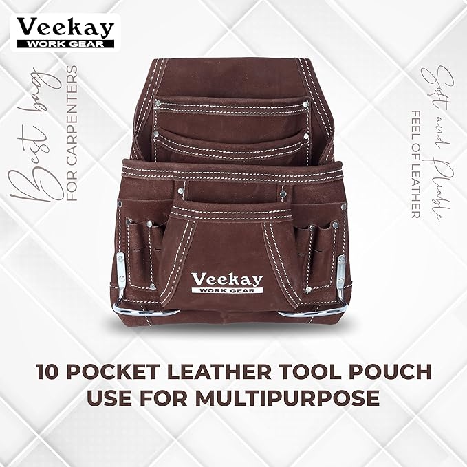 VEEKAY 10 Pockets Men Suede Leather Tool Pouch Beige and Brown Color Bags Fastener Carpenter's Nail & Tool Bag Heavy Duty Steel Hammer Loop, Belt Loop for Electrician Technician Installers